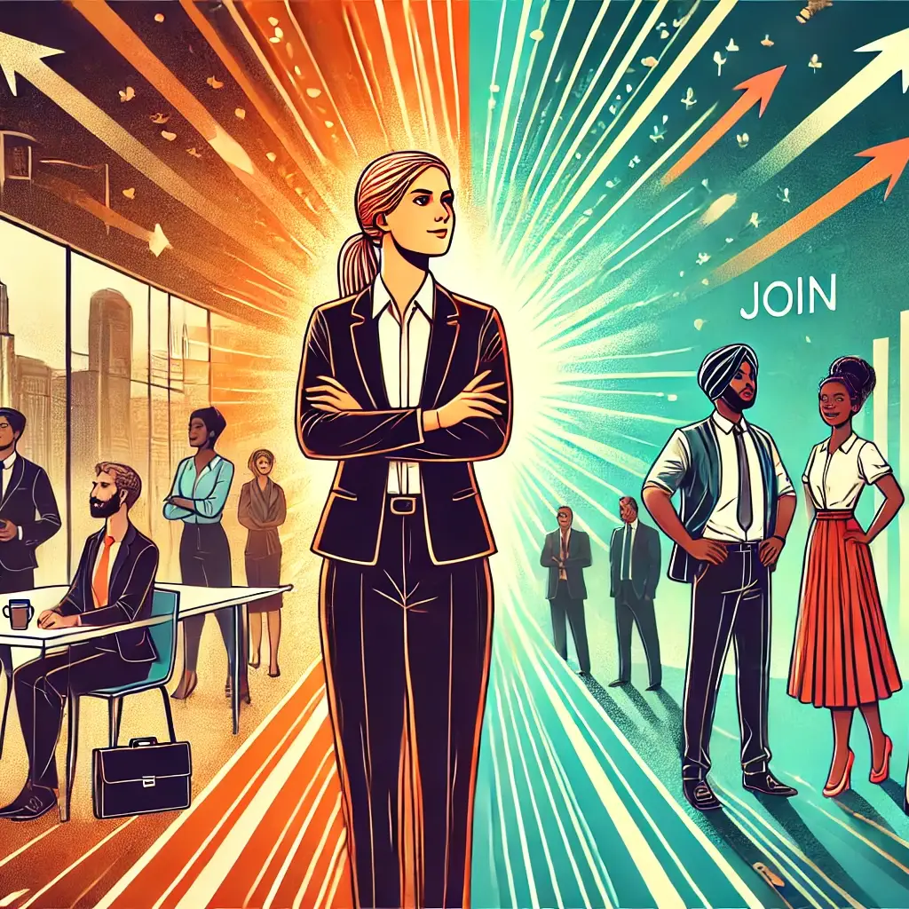 This striking image illustrates the transformative journey towards inclusivity and equality in professional environments. It highlights the strength of female leadership and the importance of recognizing diverse contributions.