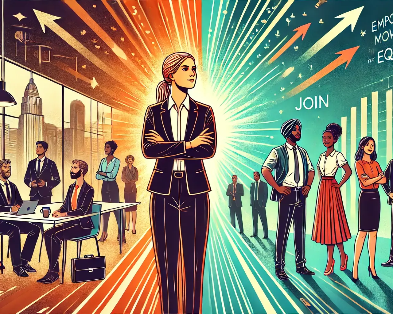 This striking image illustrates the transformative journey towards inclusivity and equality in professional environments. It highlights the strength of female leadership and the importance of recognizing diverse contributions.