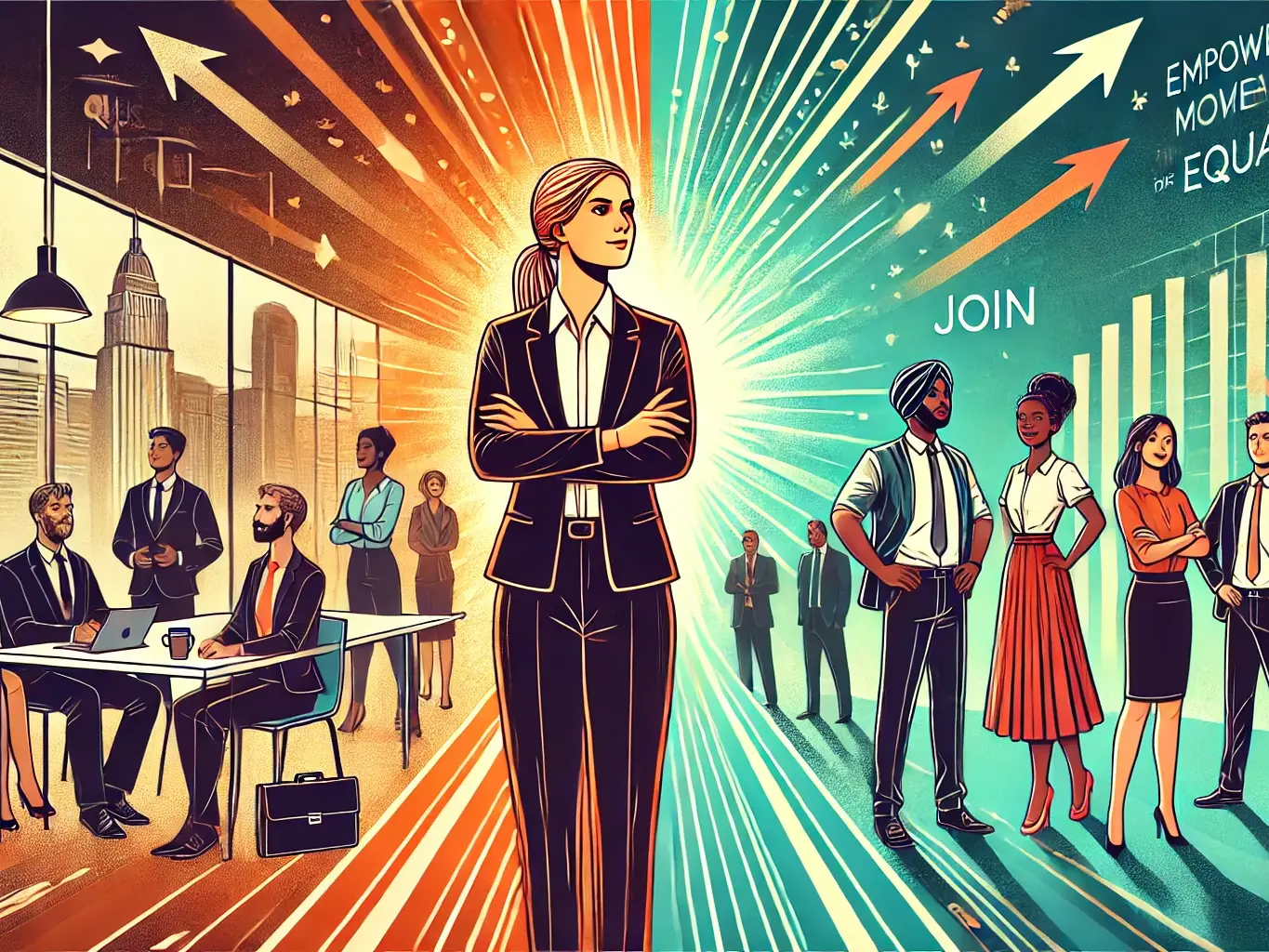This striking image illustrates the transformative journey towards inclusivity and equality in professional environments. It highlights the strength of female leadership and the importance of recognizing diverse contributions.