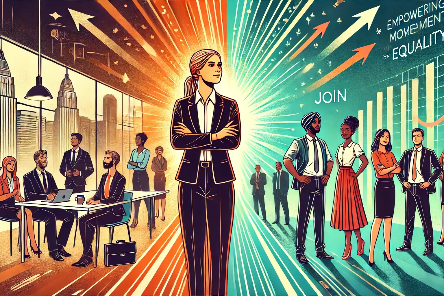 This striking image illustrates the transformative journey towards inclusivity and equality in professional environments. It highlights the strength of female leadership and the importance of recognizing diverse contributions.