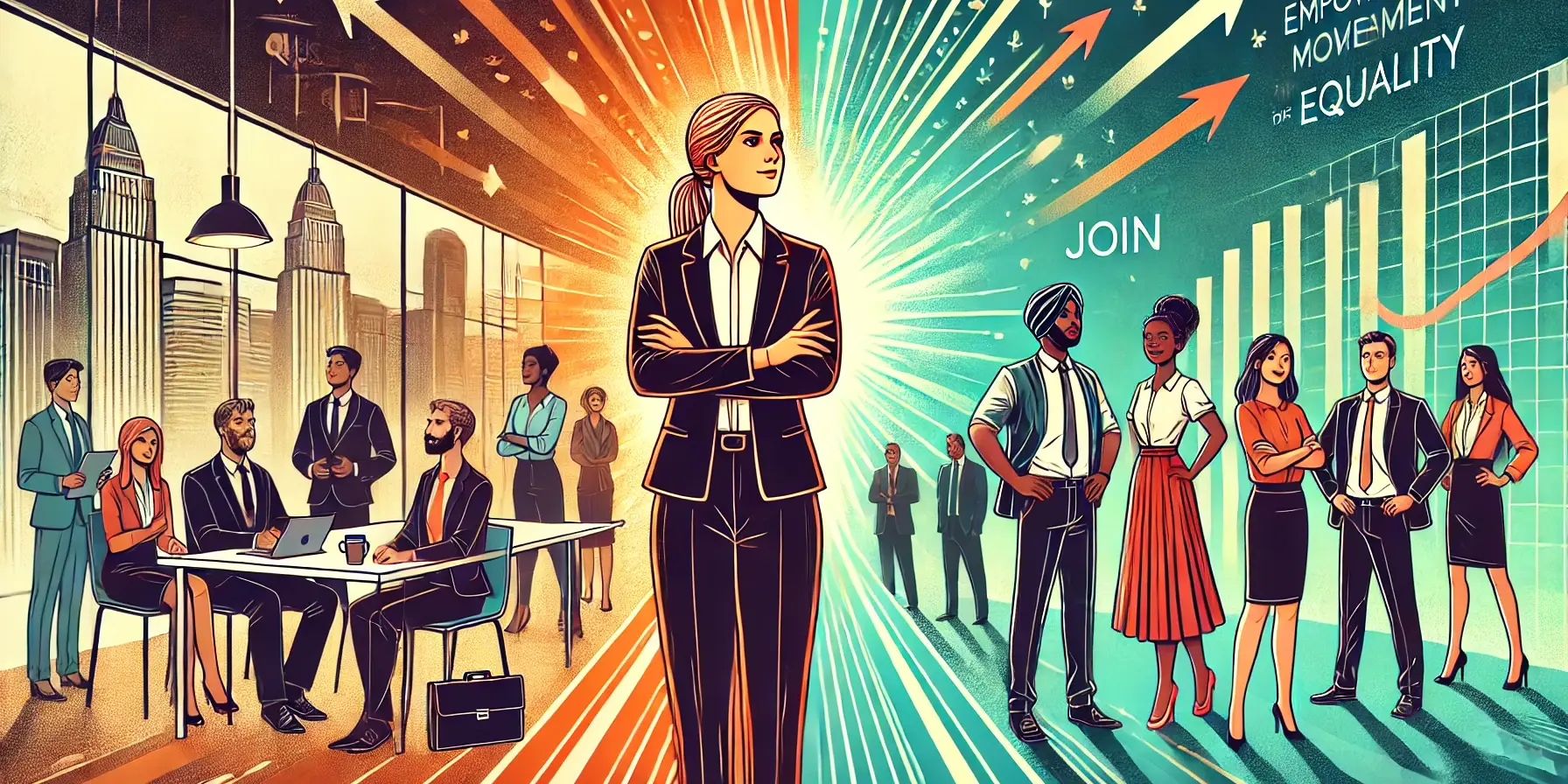 This striking image illustrates the transformative journey towards inclusivity and equality in professional environments. It highlights the strength of female leadership and the importance of recognizing diverse contributions.