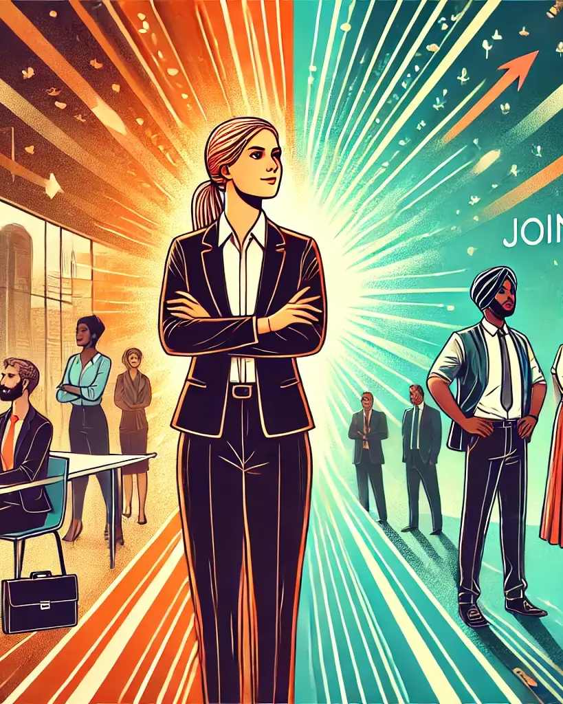 This striking image illustrates the transformative journey towards inclusivity and equality in professional environments. It highlights the strength of female leadership and the importance of recognizing diverse contributions.